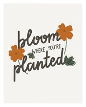 Load image into Gallery viewer, An art print featuring the popular quote, “Bloom where you’re planted,” written in calligraphy and decorated with orange flowers and green leaves.