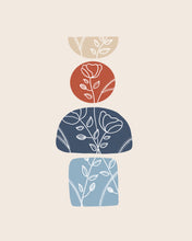 Load image into Gallery viewer, An art print featuring a modern boho design with unique shapes and a continuous flower design inside the shapes.
