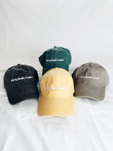 Load image into Gallery viewer, Four vintage washed baseball caps in black, green, yellow, and khaki with text on them that reads, Dirty hair, I care.