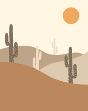 Load image into Gallery viewer, An art print featuring a minimalist warm-toned desert with various cacti and a sun.