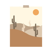Load image into Gallery viewer, An art print featuring a minimalist warm-toned desert with various cacti and a sun hung with a piece of kraft tape on the top.