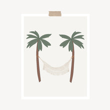 Load image into Gallery viewer, An art print featuring a cream boho hammock hung between two palm trees hung with a piece of kraft tape on the top.