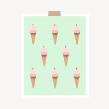 Load image into Gallery viewer, An art print featuring a bunch of strawberry ice cream with a cherry on top in a chocolate dipped waffle cone in front of a mint background hung with a piece of kraft tape on the top.