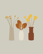 Load image into Gallery viewer, An art print featuring three vases with different warm-toned dried flowers in them.

